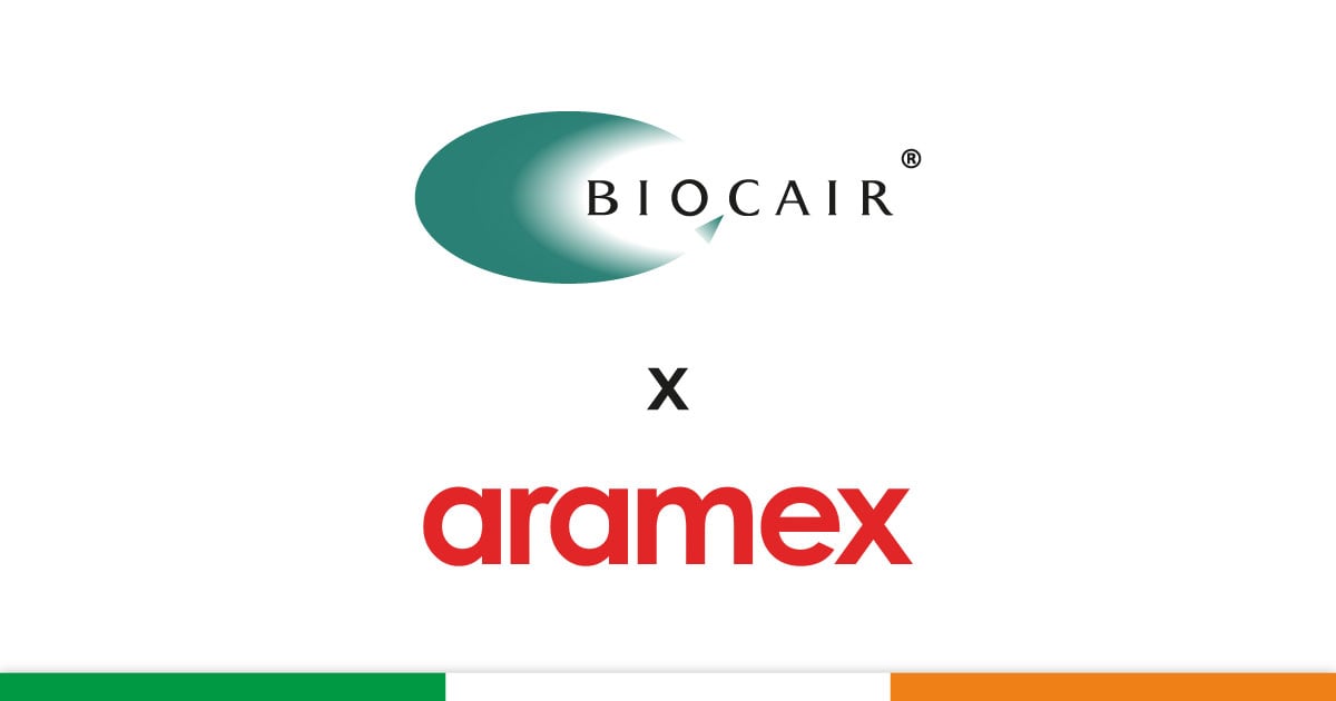 Biocair and Aramex logos with Irish flag
