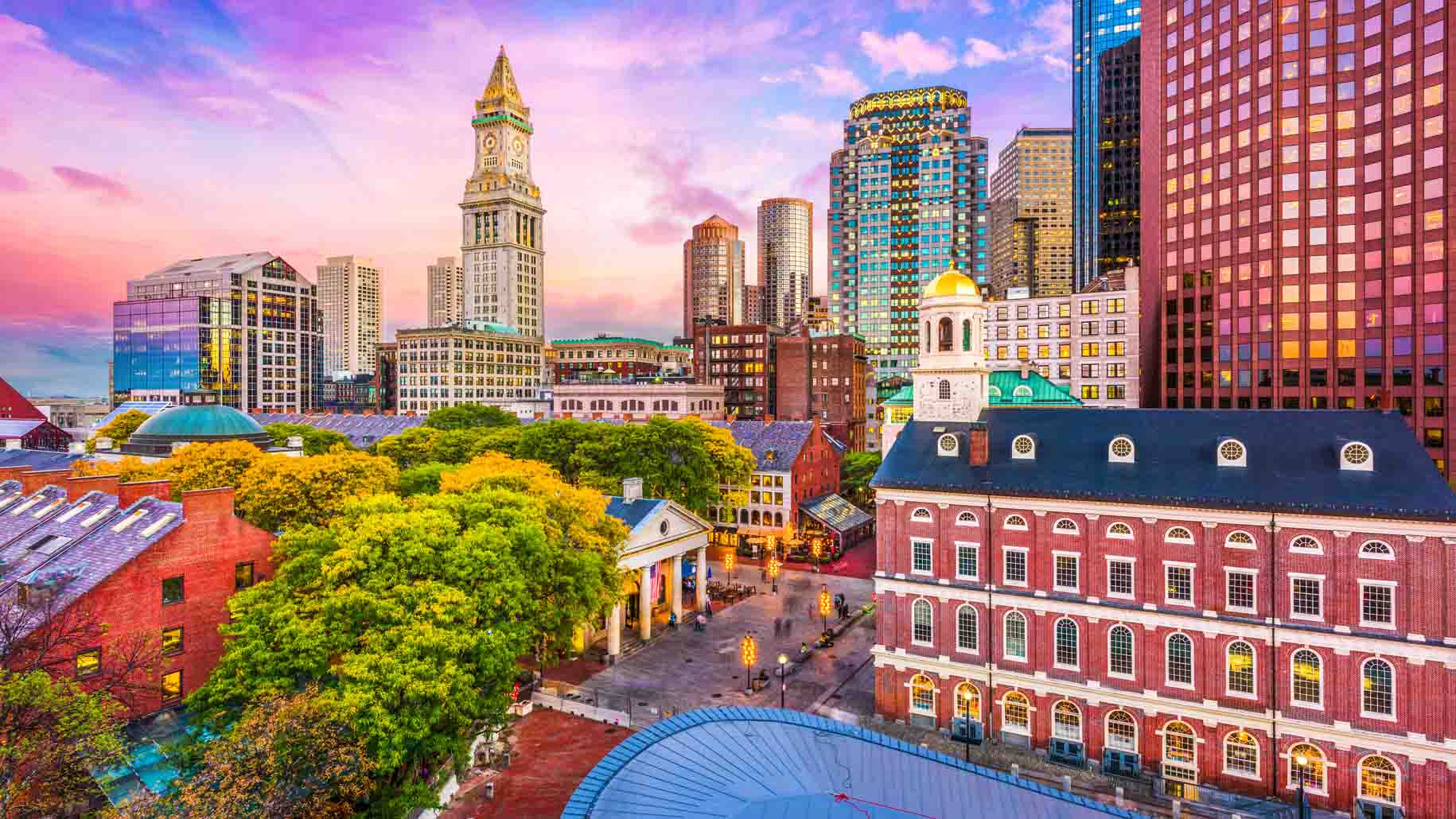 Boston historic skyline at dusk.