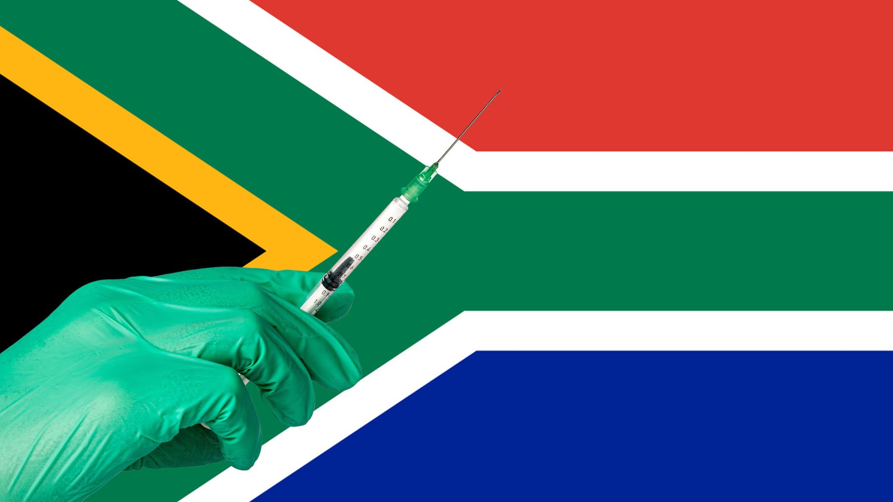 Hand with a green glove that holds a jab over South African flag.